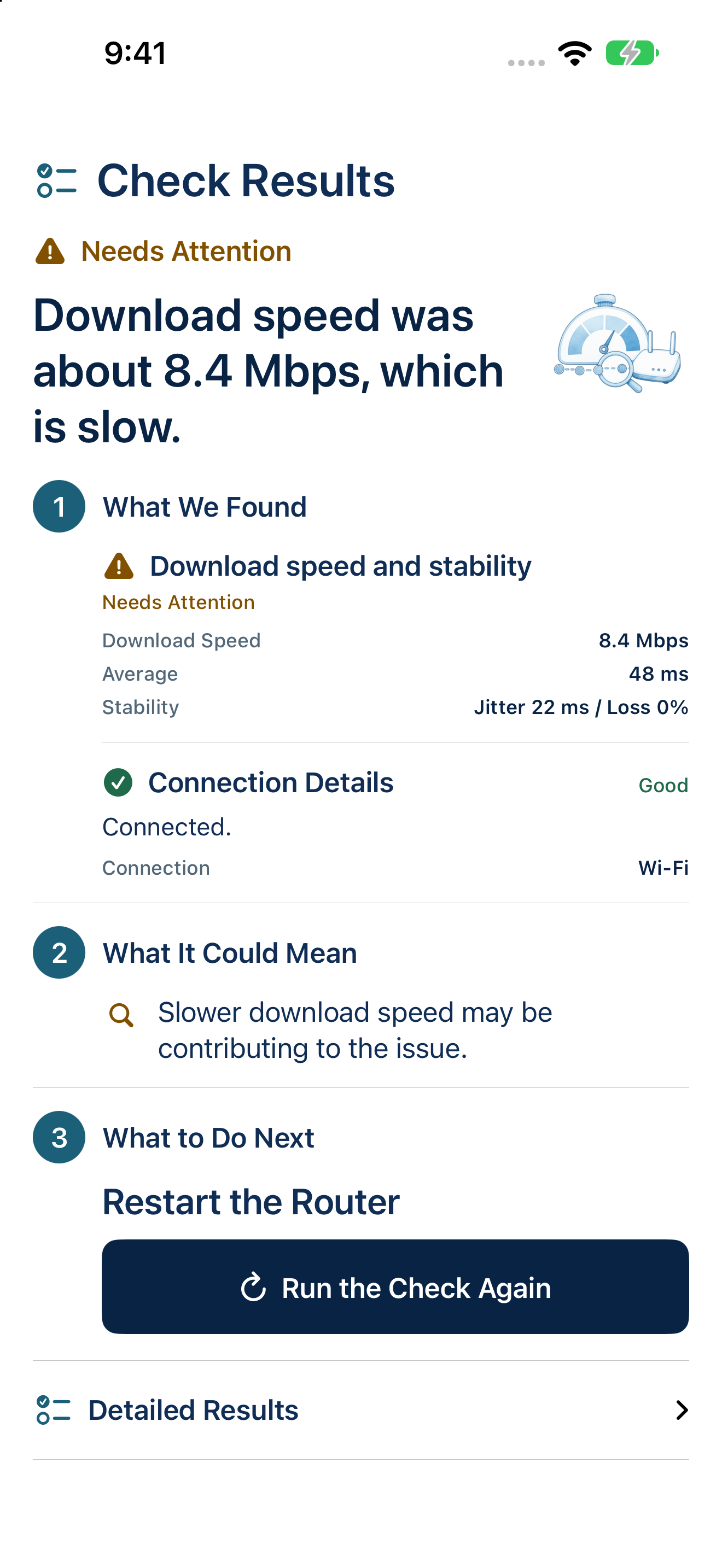 English diagnosis result showing download speed, likely causes, and a suggested next step