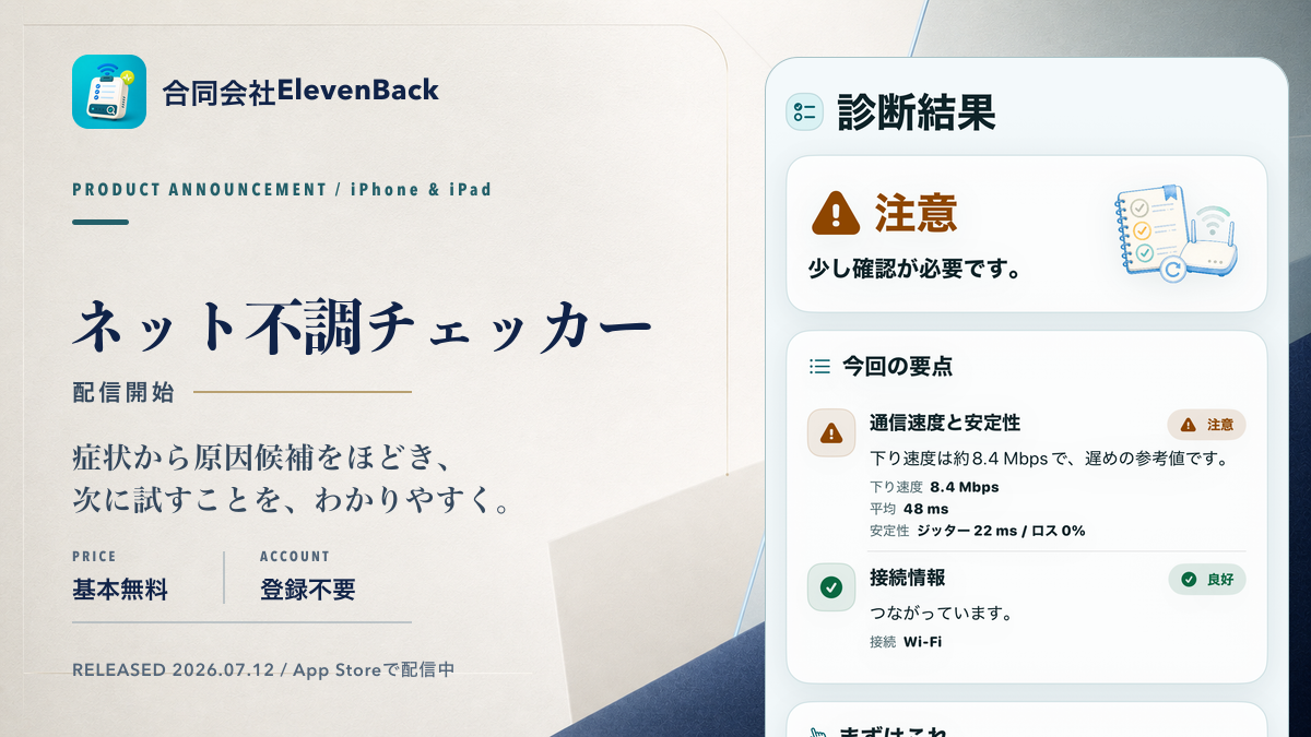 ネット不調チェッカーの配信開始を知らせるプレス画像。右側のiPhoneは下部を画面外へ大きくクロップしている