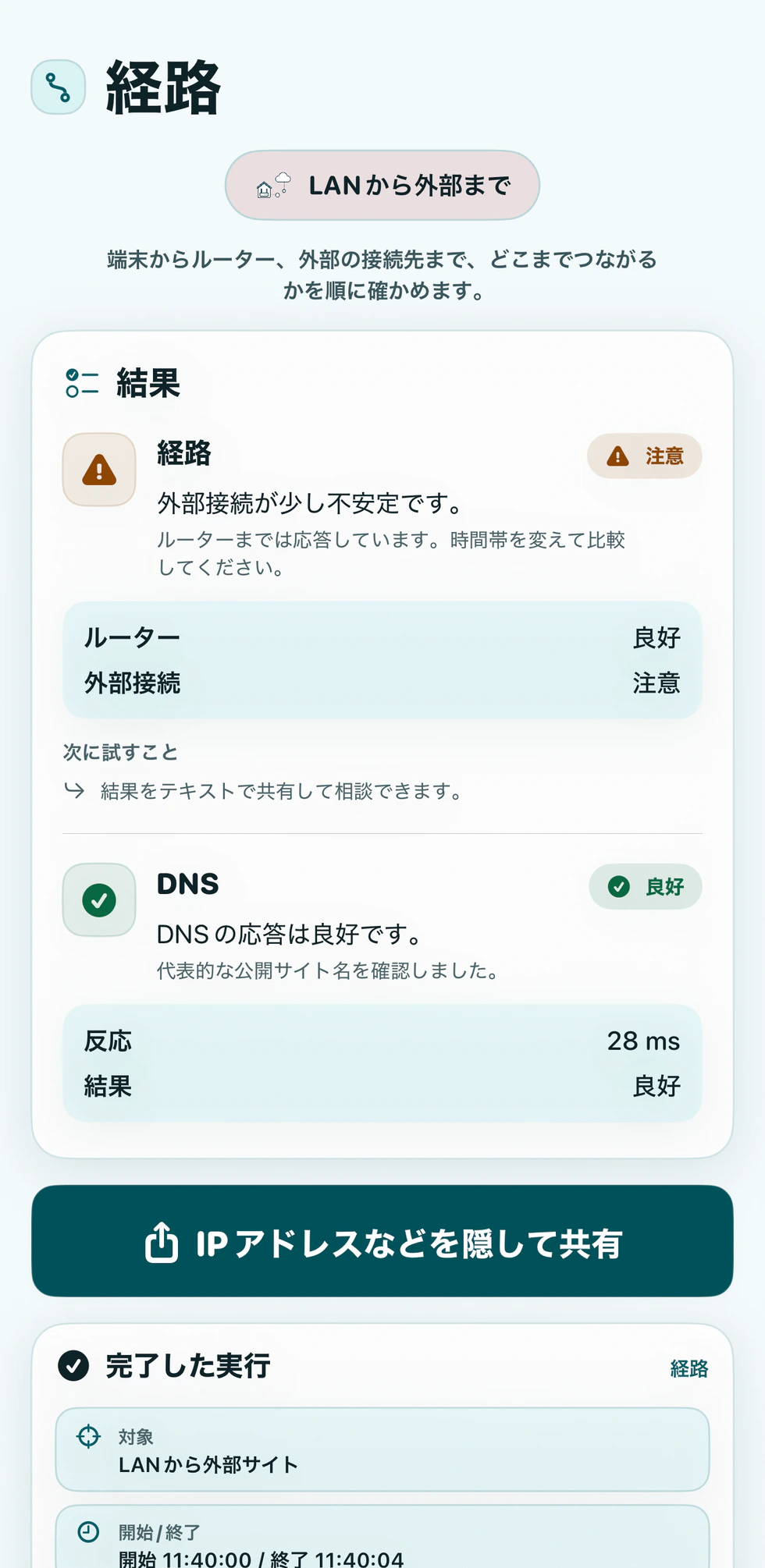 識別情報を非表示にする共有レポート画面